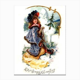 Lady Is Posing With A Snowman, Victorian Holiday Poster Canvas Print