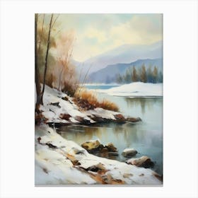 Ancient landscapes, old winter oil paintings and rocks around the lake bank. Snow is falling on the lake, old colors.5 2 Canvas Print