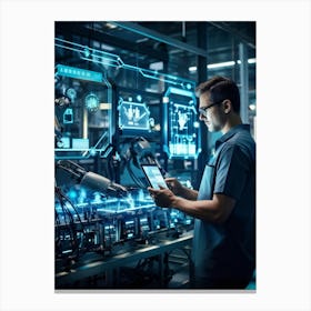 Cyber Industrial Factory With An Ai Manager Overseeing A Network Of Robotic Welding Arms And Automat (2) Canvas Print