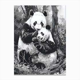 Giant Panda Playing Together In A Forest Ink Illustration 4 Canvas Print