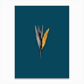 Vintage Autumn Crocus Black and White Gold Leaf Floral Art on Teal Blue n.0896 Canvas Print