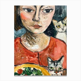 Portrait Of A Girl With Cats Eating Salad 1 Canvas Print