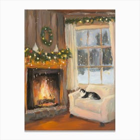 Cat by the Fireplace. Festive Acrylic Canvas Print