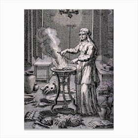 Witch Casting Spells 1652 - Witchy Moon Art Print Engraving of Medieval Antique Witch Casting Spells, Using Potions, Cauldron, Magick - Pagan Fairytale Witchcraft Wall Decor Immaculate Remastered Cool Wiccan Dark Aesthetic Canvas Print
