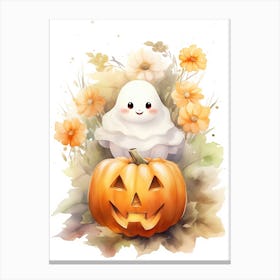 Cute Ghost With Pumpkins Halloween Watercolour 132 Canvas Print