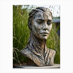 Portrait Sculpture Of A Weathered Human Face Entwined With Grass Wood Textures Enhance The Furrowed Canvas Print