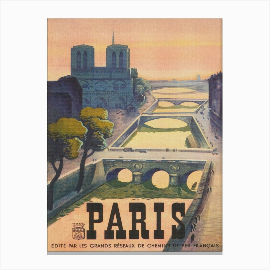 Paris France, Seine River, Muted Neutral Colors, Vintage Travel Poster Canvas Print by Vibrant Vintage