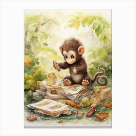 Monkey Painting Board Gaming Watercolour 1 Canvas Print