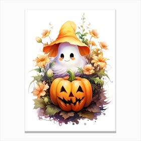 Cute Ghost With Pumpkins Halloween Watercolour 121 Canvas Print