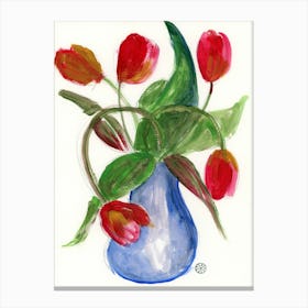 Five Red Tulips - watercolor minimal floral flowers red green blue Anton Maliar Canvas Print