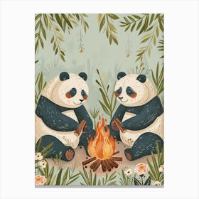 Giant Panda Two Bears Sitting Together By A Campfire Storybook Illustration 4 Canvas Print