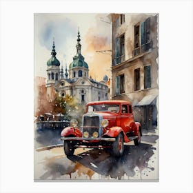 Old Car In Front Of Church Canvas Print