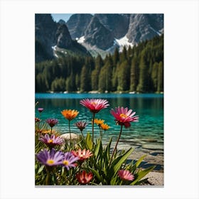 Dolomite Lake With Flowers Canvas Print