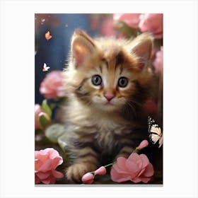 Cute Kitten In Pink Flowers Canvas Print