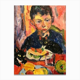 Portrait Of A Boy With Cats Having Dinner 2 Canvas Print