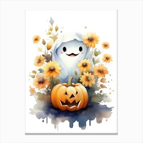 Cute Ghost With Pumpkins Halloween Watercolour 13 Canvas Print