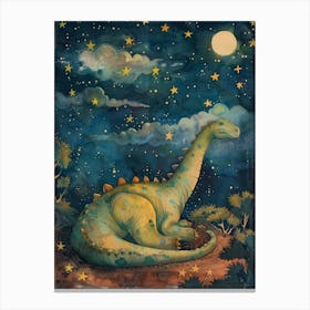 Dinosaur Sleeping Under The Stars Watercolour Storybook Painting 1 Canvas Print