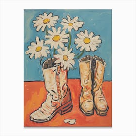 A Painting Of Cowboy Boots With Daisies Flowers, Pop Art Style 13 Canvas Print