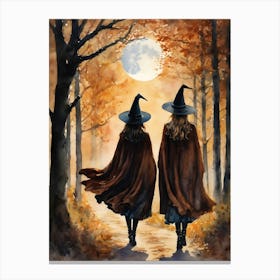 Best Friend Autumn Witches Watching the Full Moon ~ Witchy Watercolor Art by Lyra the Lavender Witch Canvas Print