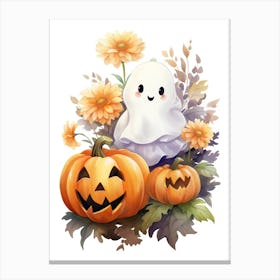 Cute Ghost With Pumpkins Halloween Watercolour 25 Canvas Print