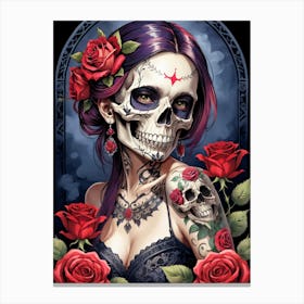 Sugar Skull Girl With Roses Painting (25) Canvas Print