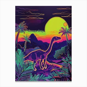 Neon Dinosaur With Palm Trees In A Jurassic Landscape Canvas Print