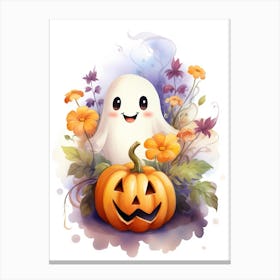 Cute Ghost With Pumpkins Halloween Watercolour 40 Canvas Print