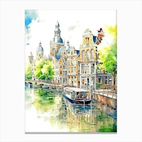 Amsterdam Canal Houses Large Watercolor Canvas Print