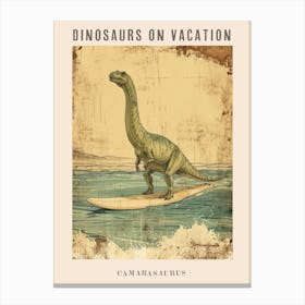Vintage Camarasaurus Dinosaur On A Surf Board 1 Poster Canvas Print