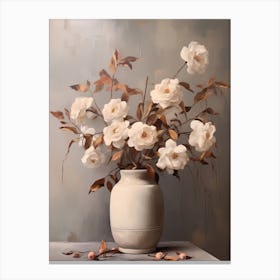 Camellia, Autumn Fall Flowers Sitting In A White Vase, Farmhouse Style 3 Canvas Print