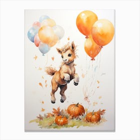 Horse Flying With Autumn Fall Pumpkins And Balloons Watercolour Nursery 3 Canvas Print