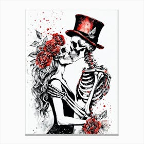 Floral Abstract Kissing Skeleton Lovers Ink Painting (17) Canvas Print