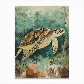 Cyanotype Inspired Sea Turtle On The Ocean Floor Canvas Print