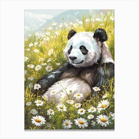 Giant Panda Resting In A Field Of Daisies Storybook Illustration 11 Canvas Print