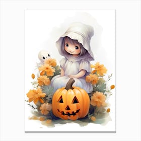 Cute Ghost With Pumpkins Halloween Watercolour 46 Canvas Print