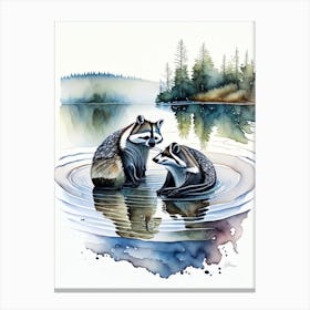 Raccoons In The Lake Abstract Watercolour Canvas Print