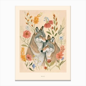 Folksy Floral Animal Drawing Wolf 4 Poster Canvas Print