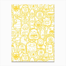 Cute Clusters of Monsters and Aliens Yellow and White Kids Canvas Print