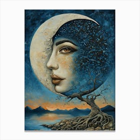 A surreal and dreamlike digital painting depicting a woman's face merging with a crescent moon Canvas Print