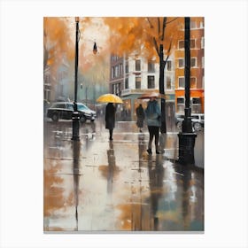 Amsterdam cafes, autumn season, rain, autumn oil colours.Faded colours,People passing on the street, winter clothes, rain umbrellas.8 Canvas Print