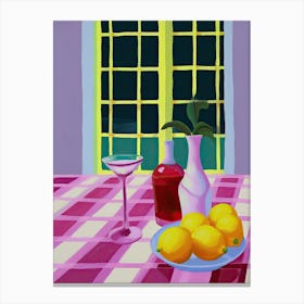 Lemons On Checkered Table, Magenta Tones, Frenchch Riviera In Matisse Style 1 Canvas Print