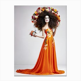 Girl With Oversized Eyes Dressed In An Orange And White Long Dress Featuring Flower Patterns Entwi Canvas Print