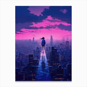 Neon Anime Girl Standing On A Bridge above the City Canvas Print
