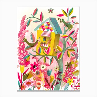 Birdhouse Pink Garden Canvas Print