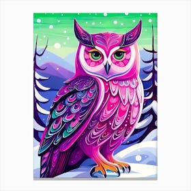 Pink Owl Snowy Landscape Painting (31) Canvas Print