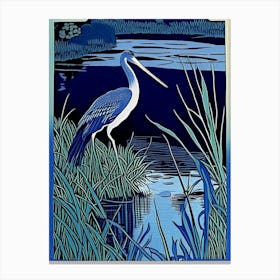 Blue Heron On Pond Vintage Linocut 1 Canvas Print