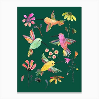 Humming Birds Green Canvas Print
