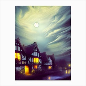 Village Moon Cloudy Historical Tudor Architecture Houses Town Night Windows City Canvas Print