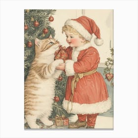 Santa Kid And Cat Canvas Print