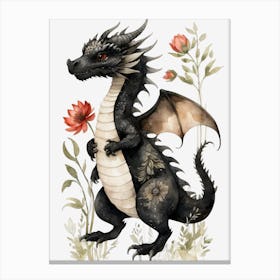Cute Black Baby Dragon Flowers Painting (6) Canvas Print